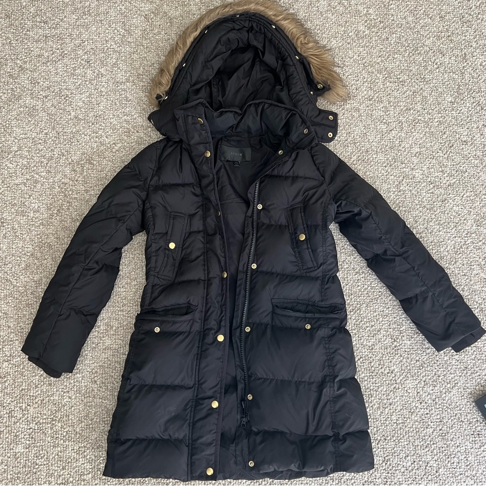 J crew women’s full length puffer jacket with faux fur hood